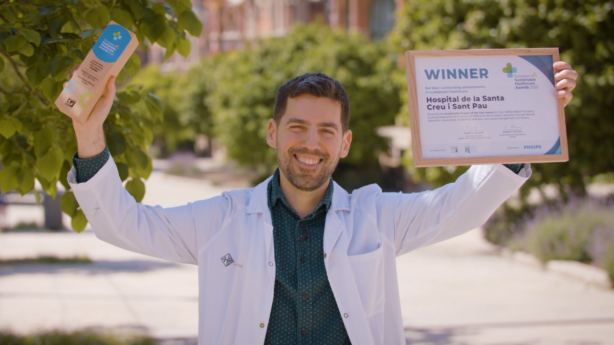 Noé Garin Escrivà, Pharmacist at Hospital de la Santa Creu i Sant Pau and GREEN BREATH Project Coordinator. Winner project of the Sustainability Project of the Year Award.